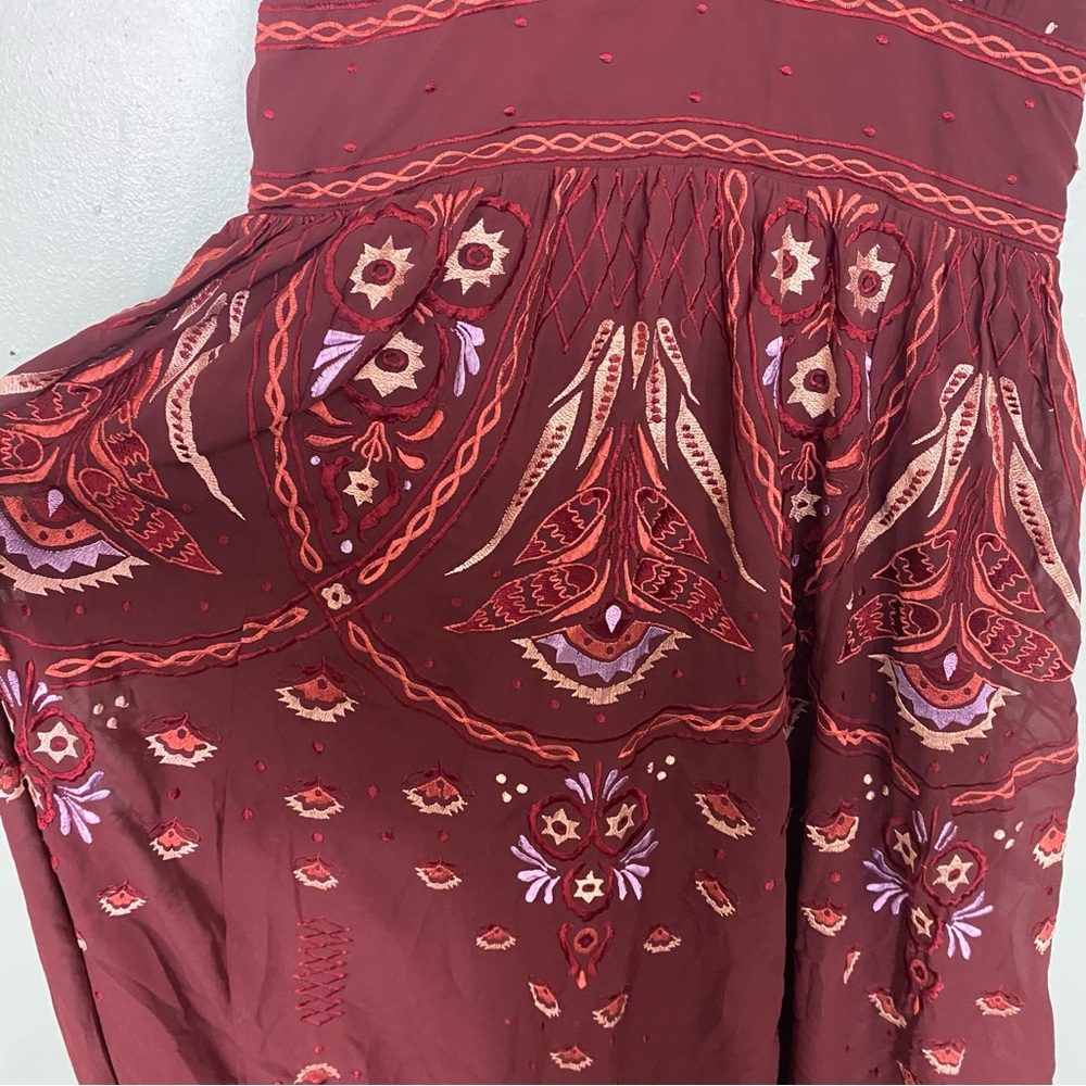 Anthropologie V Neck Deco Midi Dress‎ Embroidered Floral Wine Red Large - Picture 6 of 11